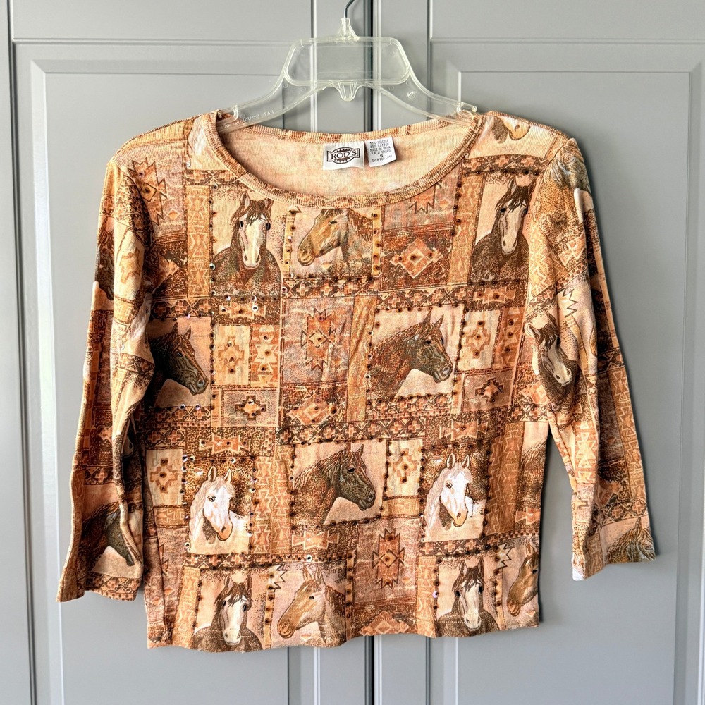 Rod's Vintage Women's Western Horse Print Beaded 3/4 Sleeve Ribbed Top,Tan, S